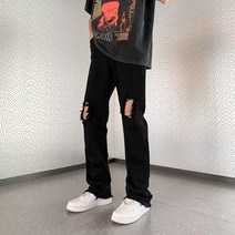 블랙 무릎 찢어진 청바지 힙합 여름 얇은 스트레이트 데님 바지