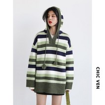 여자 후드 티 반팔 CHIC VEN 스트라이프 스웨터 풀오버 점퍼 탑 니트웨어 가을 겨울