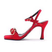 [세라직영] 샌들 스퀘어솔 새틴원단 골드링 포인트 8CM A22S018