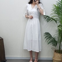 제이후 브이넥 펀칭 레이스 앞트임 반팔 플레어 롱원피스
