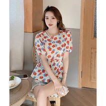 상의 그린 퍼프 슬리브 루즈핏 쉬폰 블라우스 여름 여성 캐주얼 슬림해 보이는 반팔 셔츠