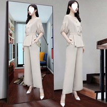 여성 여름 투피스 세트 쉬폰 벨트 블라우스 와이드 팬츠