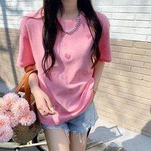 여자 러블리 하트 스티치 데일리 반팔티 직장인옷 기본템 흰치마코디 여성