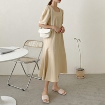 [바보사랑] 여자 스퀘어넥 교생룩 무지 퍼프소매 반팔 롱원피스