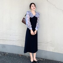 결혼식하객룩 5월 퍼프 소매 블랙 네이비 블루 도트 원피스 여성