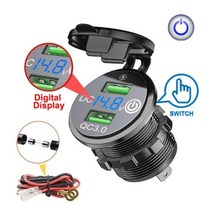 트레일러소켓 견인차 굴삭기 지게차 부품 QC 30 듀얼 USB 차량용 충전기 케이블 포함 12V24V 오토바이 보트 해양 트럭 ATV 용 방수 고속 충전 전원 콘센트, Blue(Digital Displa)