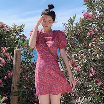 세븐스타 OP3393 여자 여름 고퀄 쉬폰 면혼방 반팔 나염 프린트 플라워 플리츠 원피스 드레스 치마 데일리룩