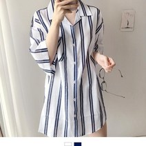 넘버나인 스트라이프 린넨 여자 오픈카라 반팔셔츠