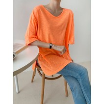 여름 슬라브 무지 유넥 트임 루즈핏 형광 반팔 티셔츠 (4color)