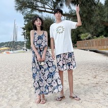 제주도신혼여행옷 여름커플아이템 비치 스커트 사진 남성반바지 여자드레스 꽃무늬 4196
