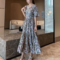 잇츠스타일 V넥 랩 보라색 유화 플라워 롱원피스