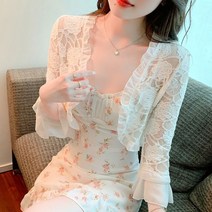 여성 쉬폰 가디건 크롭 숏 레이스 비치웨어 여름 AJ39