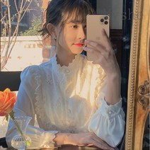[Myshe]봄 예쁜 긴소매 셔츠 블라우스 여자 스탠드 카라 프릴 레이스 블라우스 juan302T6