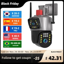CCTV카메라 3MP 듀얼 렌즈 PTZ 야외 IP 카메라 비디오 감시 기록 속도 돔 보안 와이파이 CCTV 사이렌 알람 컬러 야간 투시경 호환, 3MP NO SD Card, 영국 플러그