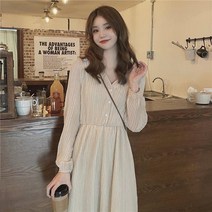 브이넥 긴팔 온 연살구 주름 쉬폰 버튼 단추 밴딩웨스트 긴소매원피스 4827438544