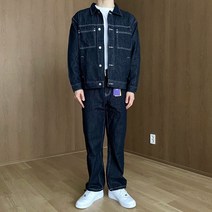 [당일발송] 데님셋업 스티치 논페이드 오버핏 데님 청자켓 와이드 팬츠 (2color)