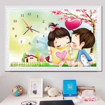 MINJING 3D 전체DIY 시계 를 걸다 큐빅 보석 십자수세트 만화 커 플 침실 뽀뽀 취미생활 비즈십자수sqq130, 1세트, 60*50cm