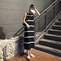 스트라이프나시원피스 프렌치 보이핏 볼륨 하프기장 민소매원피스 여성 롱 슬림핏 키커 보이는 여름 1787125864