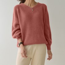 데일리앤 모엘즈 여성 브이넥 벌룬소매 루즈핏 니트