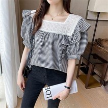 오노마 오노마 ONM 데일리 스퀘어 체크 여성 오피스 여름 블라우스 셔츠 (8946622)