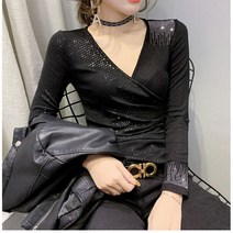 [Myshe]여성 모던 반짝이 댄스복 슬림핏 긴팔 티셔츠 상의 PP1 S0011217