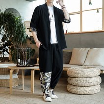 FULE 컨트리 면 마 소재로 캐주얼하고 나른한 봄과 여름 중국 스타일 자수 독립형 Zhongshan 설치 남성 청소년 당나라 정장 카드 캐주얼 레트로 조류 세트 2 피스 세트