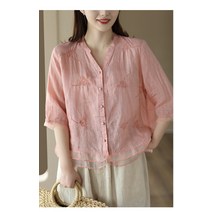 60대 풍기인견블라우스 린넨블라우스 엄마옷 자수 자켓형블라우스 5부 중년 시원한 셔츠