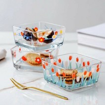 플로럴 스퀘어 사각 볼 간식 접시 글라스 꽃무늬, 화이트믹스