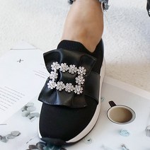 클라에 사각보석 니트 키높이 슬립온 소가죽 배색 편안한 착화감 블링블링 보석장식 속굽1.5센티