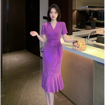 Maidefei 여름 스팽글 프릴 슬림 반팔 롱 원피스