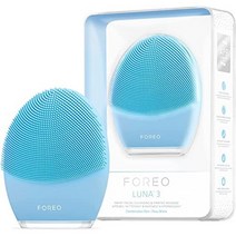 일본직발송 2. FOREO LUNA 3 FOR 콤비네이션 스킨 혼합 피부용 스마트 클렌징 디바이스 전동 세안 브러쉬, One Size, 블루
