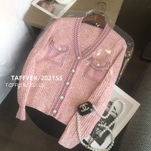 당색 니트 가디건 여 봄 가을 브이넥 진주 단추 서양풍 날씬해 보이는 스웨터 코트 도톰