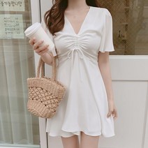 Tamina 쇼트 원피스 브이넥 반팔 티셔츠 폴리에스테르 순색