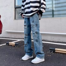 일자 9부 팬츠 2023 봄계절 데님 바지남자 발묵 하이스트 대미지 커플 타입 스트레이트핏 와이드 4993525738