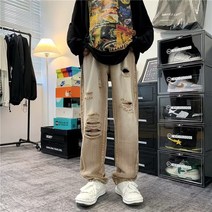 일자 9부 팬츠 고가 워싱 구제 대미지 그라데이션 데님 바지남자 스트레이트핏 클래식 와이드 루즈핏 4995359701
