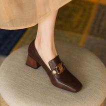 레트로 굽 봄 가죽 chunky 스퀘어 금속 장식 레이디 로퍼 영국 갈색