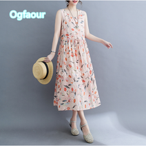Ogfaour 여성용 꽃무늬 민소매 린넨 롱 원피스 A23072705
