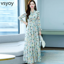 vsyoy 2022 년 카운터 폭발 2022 년 봄과 가을 새로운 패션 쉬폰 꽃 무늬 드레스 여성 기질 허리 슬리밍 온도