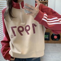 여성 반집업 후드 배색 루즈핏 긴팔 상의