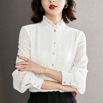 액티브[657]-프릴넥 도트 요루 쉬폰 블라우스