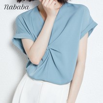 나바바 NB1414 여성 빈티지 롤업 캡소매 무지 브이넥 블라우스