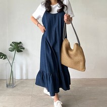 네모엔룩 여성용 데님뷔스티에 끈 나시 민소매 맥시 롱 원피스