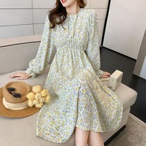 가을 긴팔 라운드 넥 슬리밍 쉬폰 꽃 무늬 드레스 원피스 코티지코어 프랑스 레트로