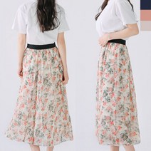 블루모드제휴사 꽃무늬 봄 빅사이즈 쉬폰 치마 여성 밴딩 롱 스커트 플라워 프릴 1W87A696
