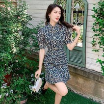 니트원피스 Flhjlwoc-세련된 한국 스타일 꽃무늬 프린트 드레스 여성용 있는 디자인 스탠드 칼라 귀여운 프릴 정장 빈티지