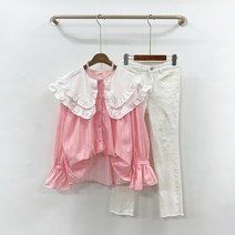 이중 프릴 카라 스트라이프 셔링 루즈핏 블라우스 셔츠
