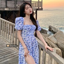 플라워 원피스 자녀복 프렌치 첫사랑 차셔틀 트임 슬림 퍼프소매