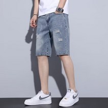 남성용 여름 루즈핏 데미지 5부 청반바지 하프 데님 팬츠 Men