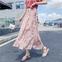 셀럽당 여성 스커트 여름 플라워 쉬폰 스커트 미디스커트 박시 스트링 원턱 스커트 E02677