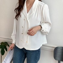 브이와이 여자 여성스러운 금색 박시 단추 카라 블라우스